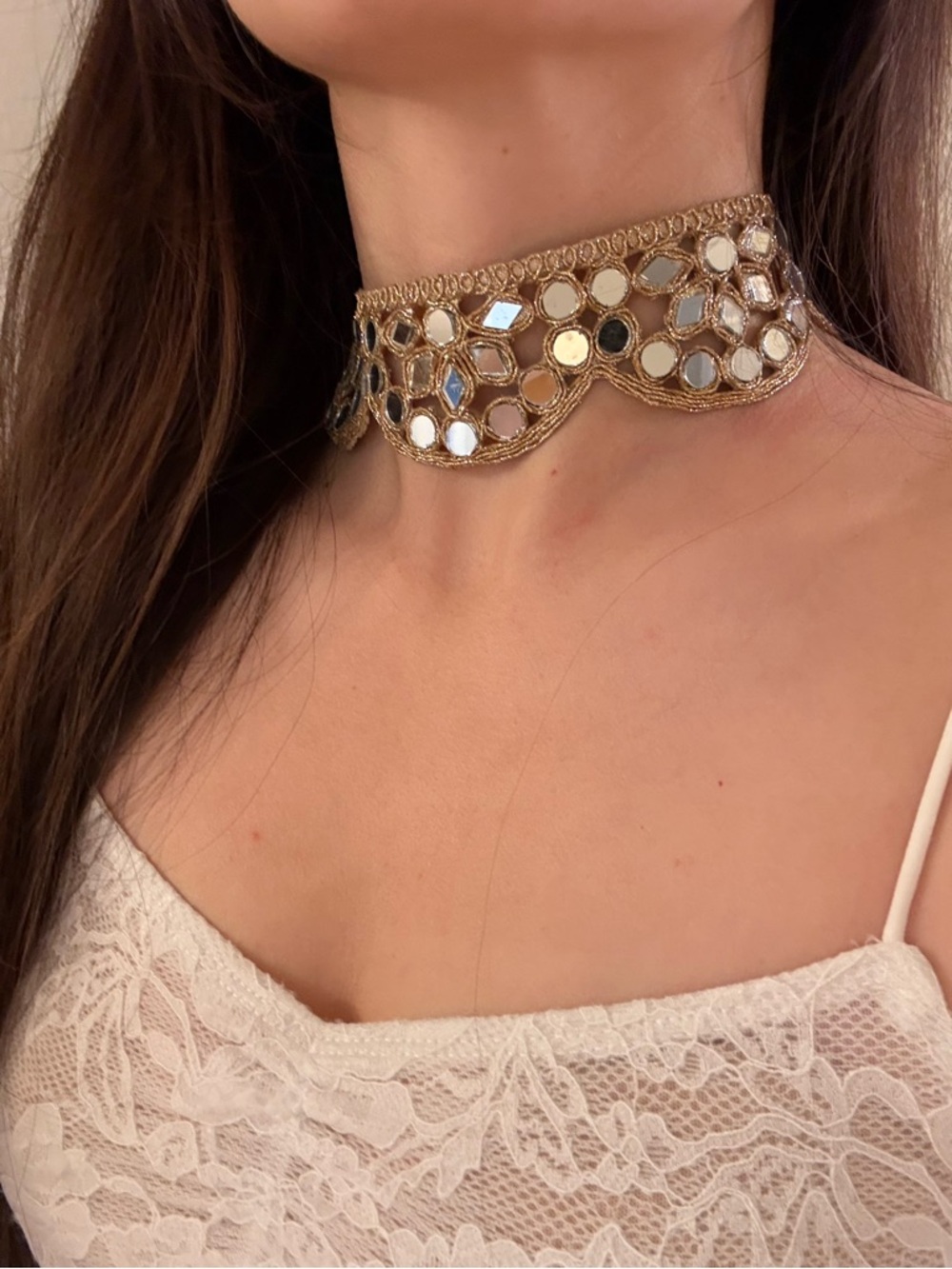 Gold Mirror Beaded Choker Necklace - Women Jewelry